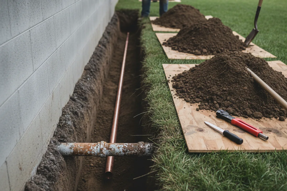 Excavated water line trench during Water Softener Installation in Amma